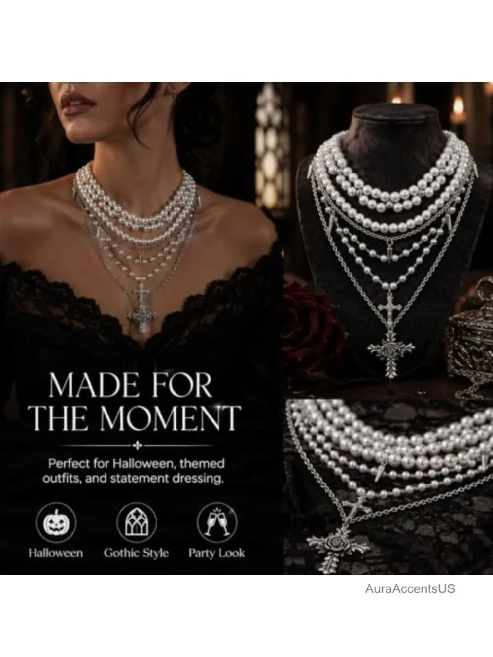 Layered Pearl Necklace Women Gothic Cross Pendant Punk Alternative Statement